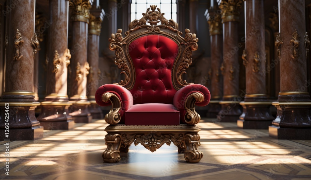 Fototapeta premium Luxurious Red Velvet Throne Chair in Opulent Palace with Grand Pillars and Soft Lighting, Ideal for Royal or Regal Themes in Interior Design Projects, Grand Hall of a Gilded Palace