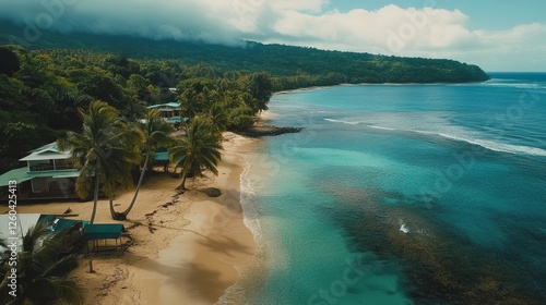 Beautiful beach with palm trees and houses on Samoa Island photo