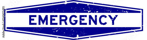 Grunge blue emergency word hexagon rubber seal stamp on white background
