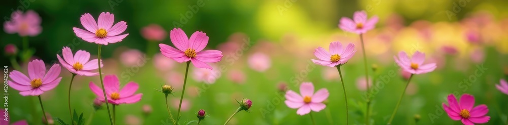 Delicate pink cosmos flowers in a lush green garden, pink blooms, wildflower field Delicate pink cosmos flowers in a lush green garden, pink blooms, wildflower field