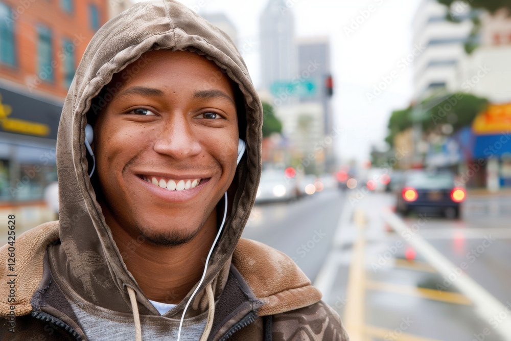 Fototapeta premium A young man wearing a hoodie and headphones is smiling