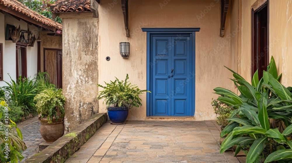 Fototapeta premium Beige wall in Galle, Sri Lanka with a blue door for architecture