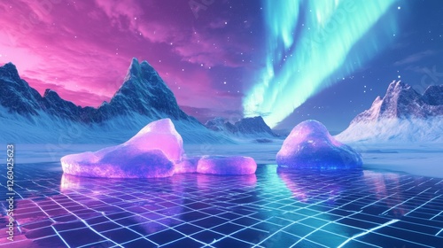 Vaporwave arctic landscape with icy formations, aurora borealis, and glowing grid floor
