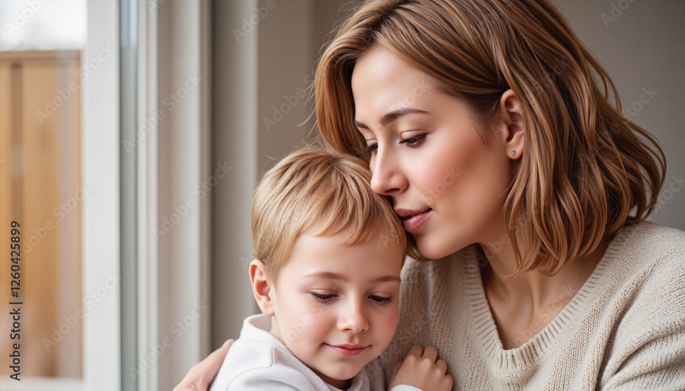 Loving mother kissing her young son on the forehead, cozy atmosphere by a window Loving mother kissing her young son on the forehead, cozy atmosphere by a window
