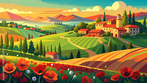 village in tuscany; Italy countryside landscape with red poppy flowers and Tuscany rolling hills ; sunset over the farm land