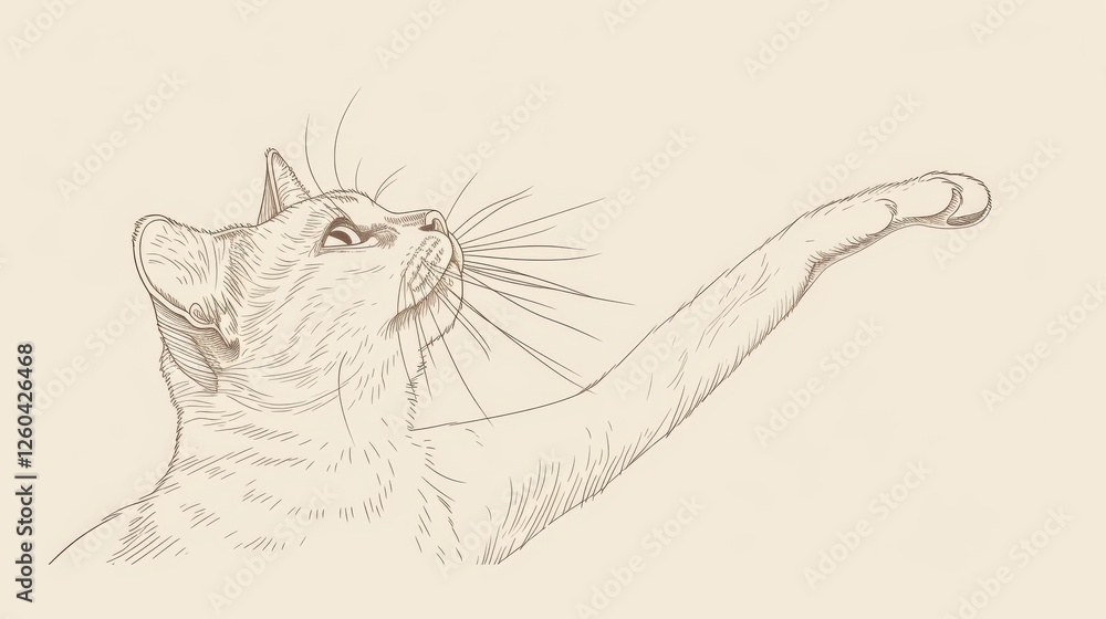 Intricate line art of a cat reaching with its paw, highlighting fine details and natural elegance. Perfect for modern or minimalist artistic uses. AI generated.