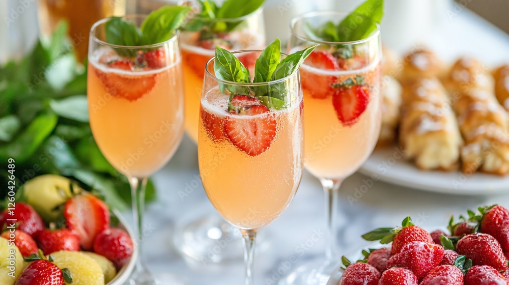 A summer brunch spread with elegantly styled strawberry basil lemonade in champagne flutes, alongside a platter of fresh fruit and pastries A summer brunch spread with elegantly styled strawberry basil lemonade in champagne flutes, alongside a platter of fresh fruit and pastries