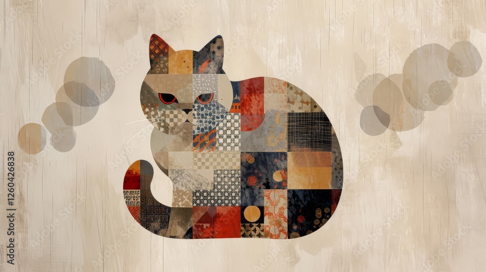 A unique patchwork cat illustration with geometric and colorful patterns against a neutral textured backdrop, blending modern and artistic styles. AI generated.