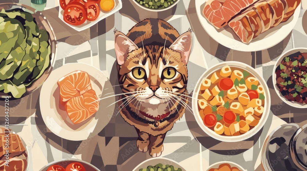 Bengal cat in a playful pose surrounded by a vibrant array of gourmet foods, from fresh vegetables to seafood and pasta. A creative culinary-themed artwork. AI generated.