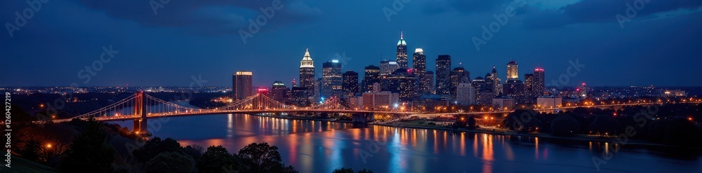 Obraz premium Dramatic nighttime panorama of Philadelphia's skyline, urban photography, river, skyscrapers