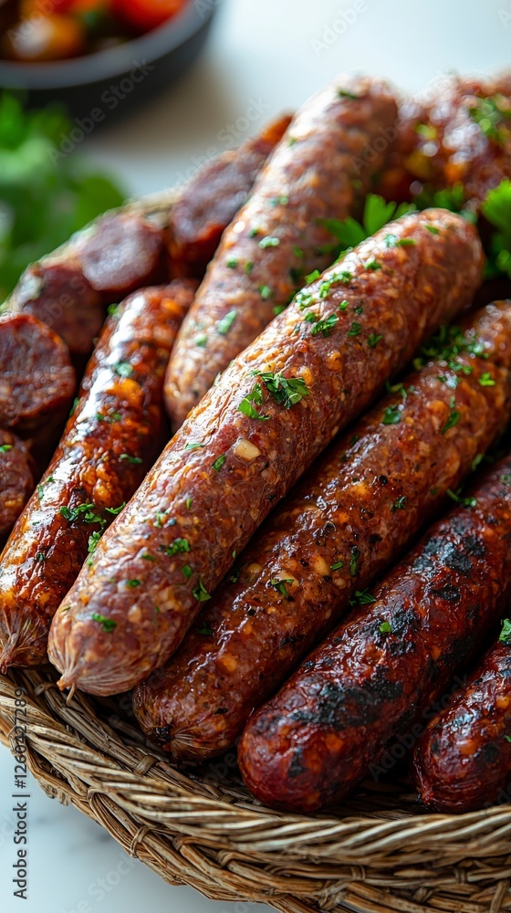 An exquisite arrangement of succulent sausages displayed on a rustic wooden platter garnished with herbs, appealing to all senses and inviting a delightful culinary experience. An exquisite arrangement of succulent sausages displayed on a rustic wooden platter garnished with herbs, appealing to all senses and inviting a delightful culinary experience.