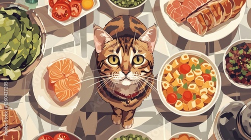 Obraz na płótnie Bengal cat in a playful pose surrounded by a vibrant array of gourmet foods, from fresh vegetables to seafood and pasta. A creative culinary-themed artwork. AI generated. w salonie