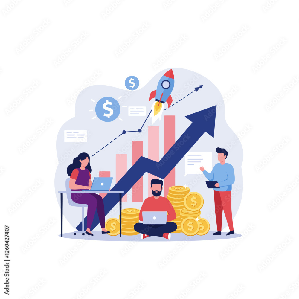 Team Working on Financial Growth with Rising Chart and Rocket Launch Team Working on Financial Growth with Rising Chart and Rocket Launch