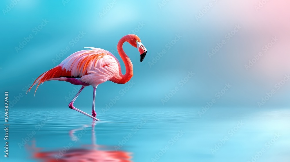 Fototapeta premium A vibrant pink flamingo gracefully walks through shimmering water, showcasing its striking feathers against a dreamy pastel background. Nature's beauty captured in a moment.