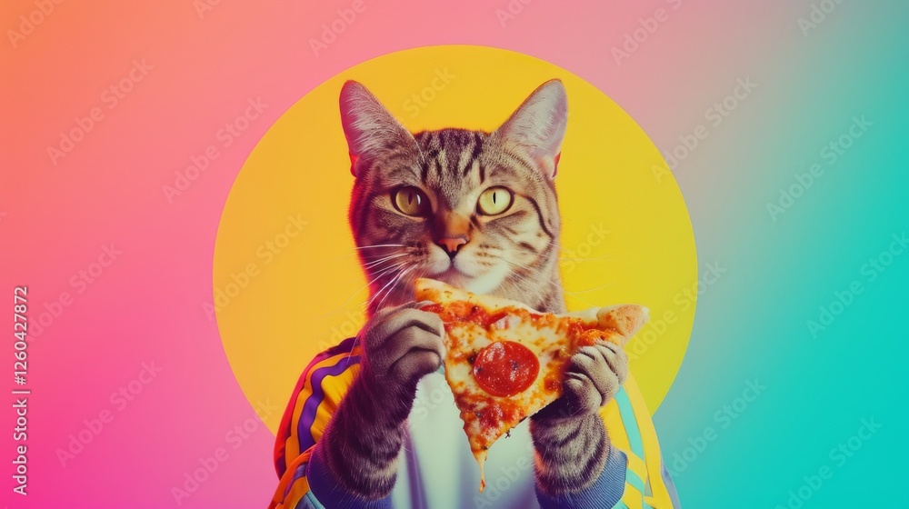 Playful digital artwork of a cat wearing a striped jacket, holding a slice of pizza, set against a vibrant gradient background. Fun and trendy design. AI generated.
