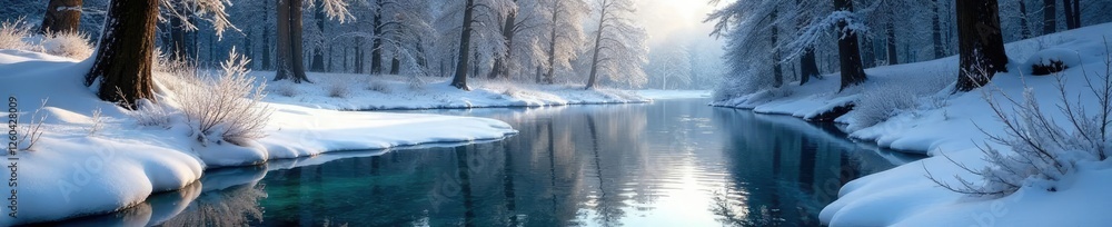 Frozen forest pond with a water stream flowing through it, frozen, lake, forest Frozen forest pond with a water stream flowing through it, frozen, lake, forest