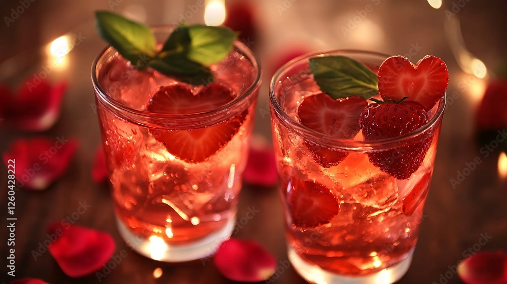 A Valentine's Day romantic setting with two glasses of strawberry basil lemonade, rose petals, and heart-shaped strawberry slices floating inside A Valentine's Day romantic setting with two glasses of strawberry basil lemonade, rose petals, and heart-shaped strawberry slices floating inside