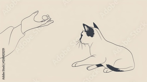 Minimalist line art of a cat observing a hand holding a small object, presenting an artistic interpretation of curiosity and interaction. AI generated.