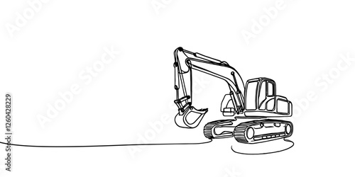 Excavator Continuous Line Drawing. One line illustration of construction equipment.