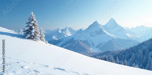 Wallpaper Mural Mountain with a gentle snowy slope and a few trees in the distance, wintry landscape, winter Torontodigital.ca