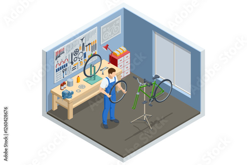 An isometric illustration of a bicycle repair workshop with a mechanic adjusting a green bike on a repair stand. Tools and spare parts are neatly arranged.