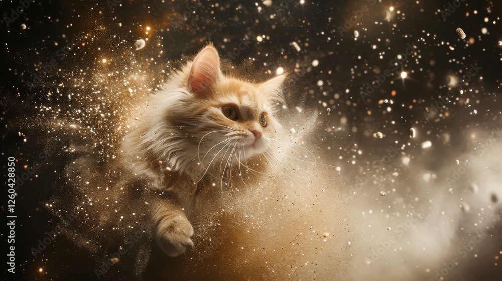 A captivating fluffy cat gazes ahead amidst an explosion of glitter and cosmic light. This enchanting composition is perfect for magical or surreal themes. AI generated.