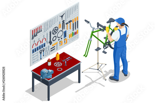 An isometric illustration of a bicycle mechanic wearing gloves and fixing a green bike on a repair stand in a workshop. A workbench with tools is visible.
