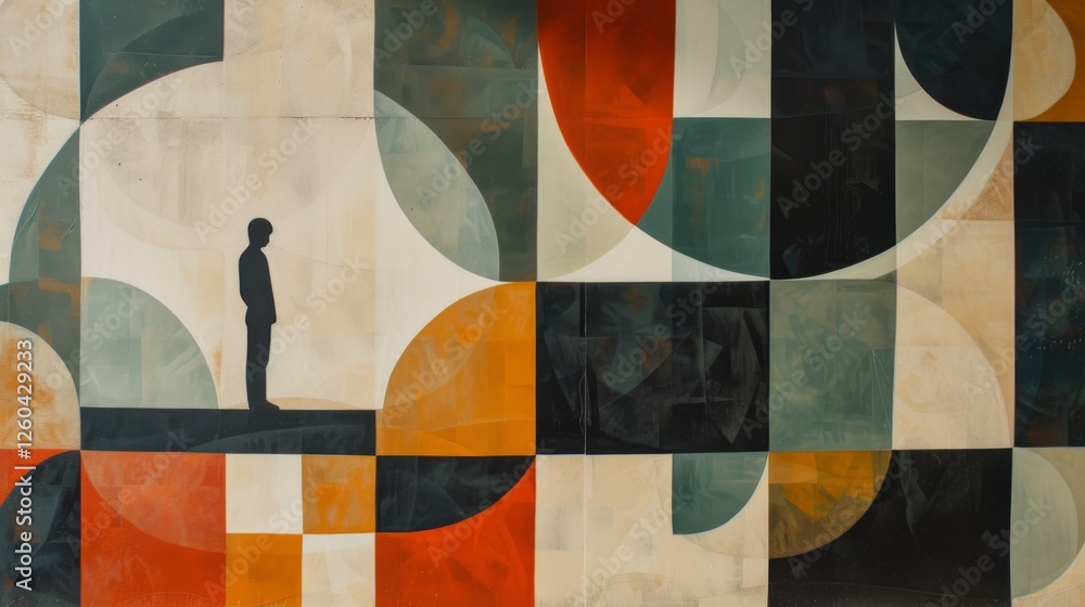 A human silhouette stands against an abstract composition of geometric patterns in earthy tones and muted colors, creating a contemplative and artistic mood. AI generated.