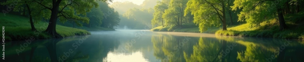 peaceful trees reflected in the still water of a pond-like river, tranquil, calm, scenery peaceful trees reflected in the still water of a pond-like river, tranquil, calm, scenery