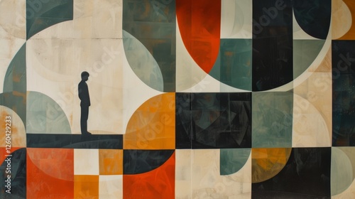 Obraz na płótnie A human silhouette stands against an abstract composition of geometric patterns in earthy tones and muted colors, creating a contemplative and artistic mood. AI generated. w salonie