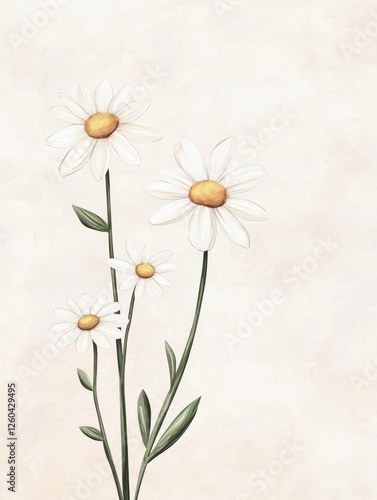 A serene illustration of three daisies with yellow centers, set against a soft, light background, conveying a peaceful and natural aesthetic.