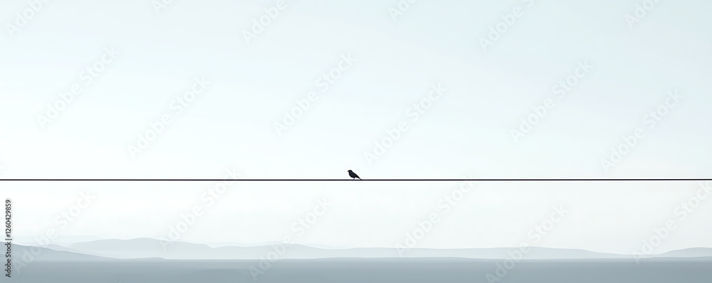 A solitary bird sits on a single, thin wire stretching across a soft pastel sky, creating a tranquil and balanced minimalist composition with a sense of freedom and stillness A solitary bird sits on a single, thin wire stretching across a soft pastel sky, creating a tranquil and balanced minimalist composition with a sense of freedom and stillness
