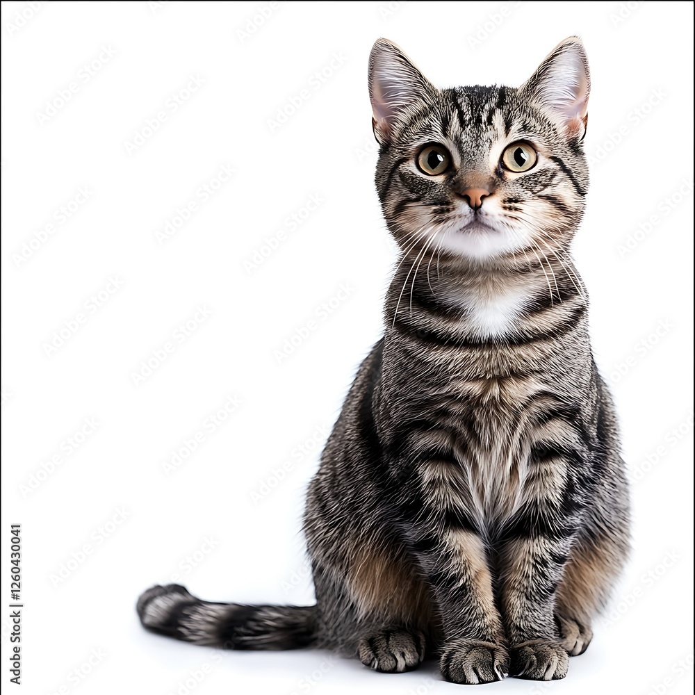 Fototapeta premium Tabby cat sitting, white background, pet portrait, website use