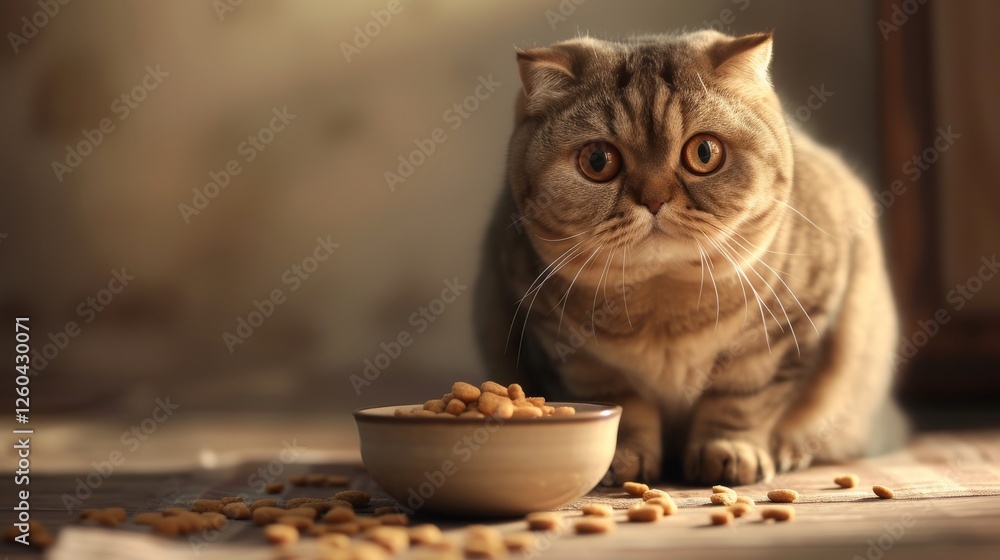 A tabby cat with wide, curious eyes sits near a ceramic bowl of kibble, creating a serene and homely vibe under natural light. AI generated.
