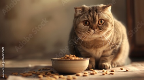 Obraz na płótnie A tabby cat with wide, curious eyes sits near a ceramic bowl of kibble, creating a serene and homely vibe under natural light. AI generated. w salonie