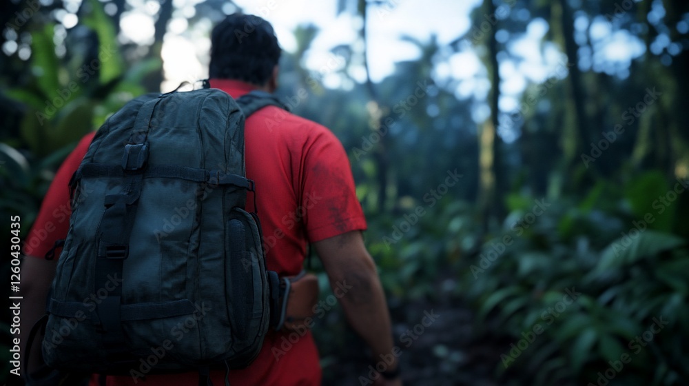 Man hikes jungle trail, lush foliage background, adventure travel Man hikes jungle trail, lush foliage background, adventure travel
