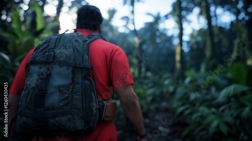 Wallpaper Mural Man hikes jungle trail, lush foliage background, adventure travel Torontodigital.ca