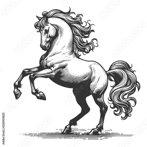 horse rearing on its hind legs, depicted in an engraved, woodcut style with fine details sketch engraving generative ai vector illustration. Scratch board imitation. Black and white image.
