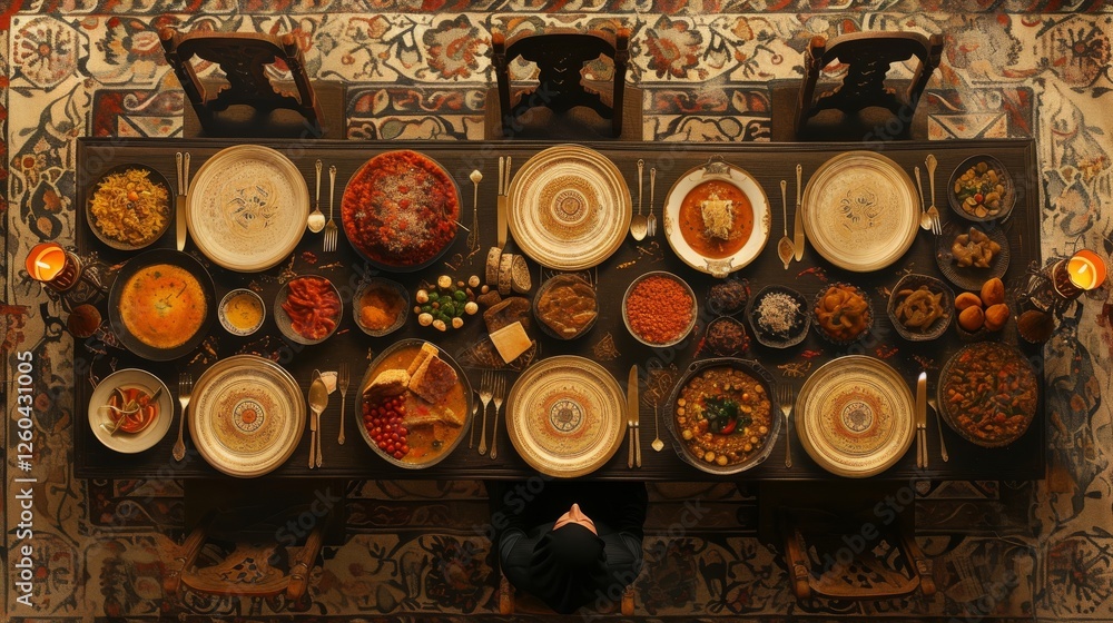 Overhead view of a beautifully arranged dining table featuring an array of ornate plates and vibrant dishes, exuding opulence and cultural richness. AI generated.