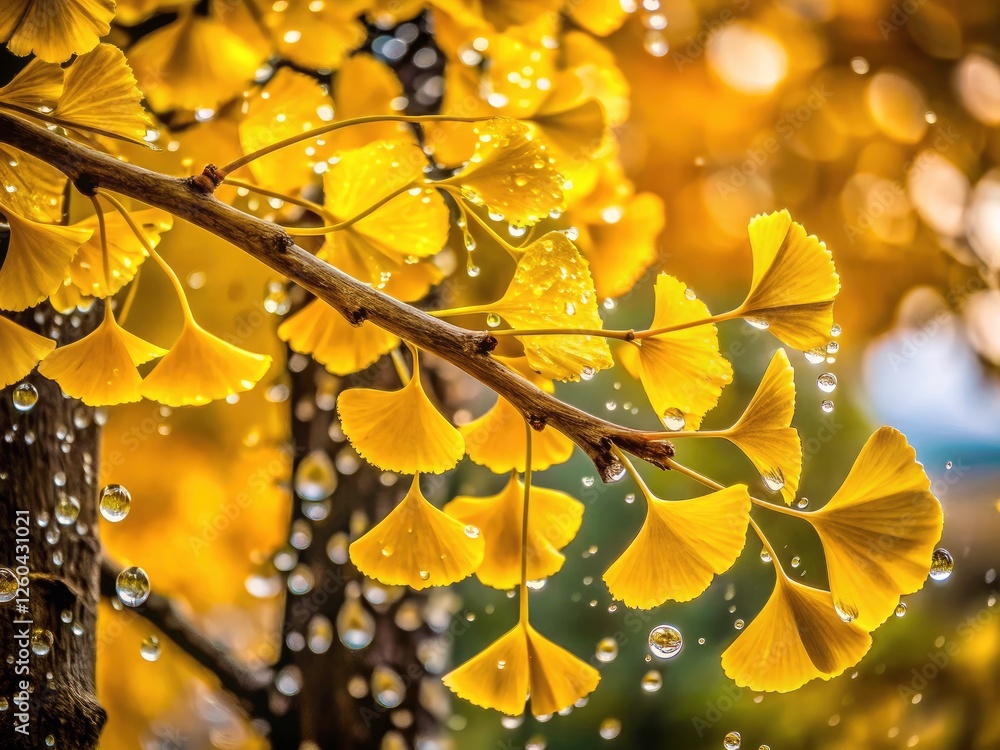 Fototapeta premium New Zealand's ginkgo biloba, bathed in autumn rain, creates a stunning long-exposure photograph.
