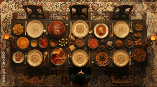 Obraz na płótnie Overhead view of a beautifully arranged dining table featuring an array of ornate plates and vibrant dishes, exuding opulence and cultural richness. AI generated. w salonie