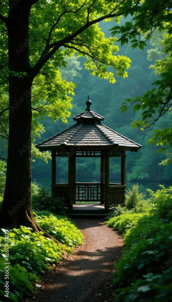 The surrounding evergreen trees provide a natural canopy for the gazebo, natural canopy, woodland scenery The surrounding evergreen trees provide a natural canopy for the gazebo, natural canopy, woodland scenery