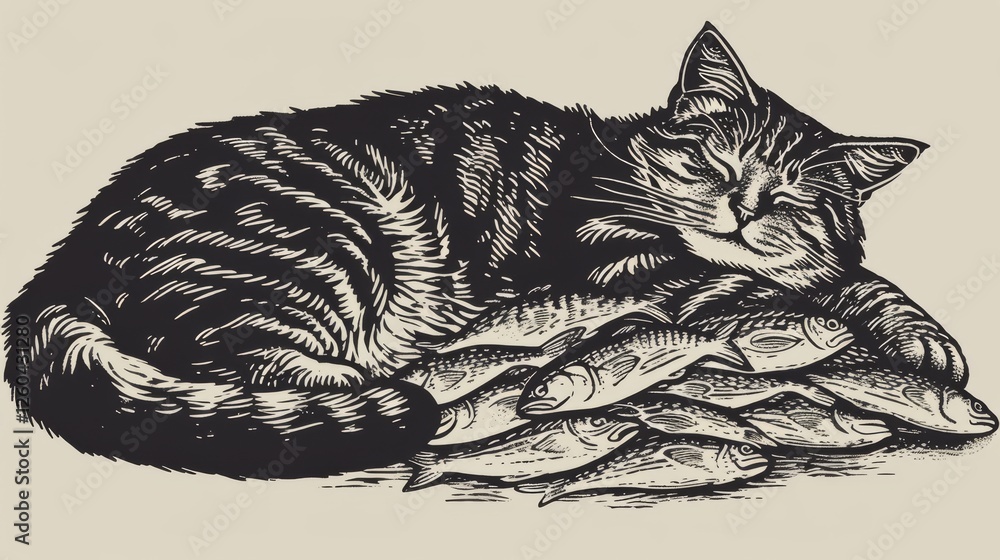 A detailed vintage-style illustration of a striped cat peacefully resting on a pile of fish, evoking nostalgia and classic charm. AI generated.