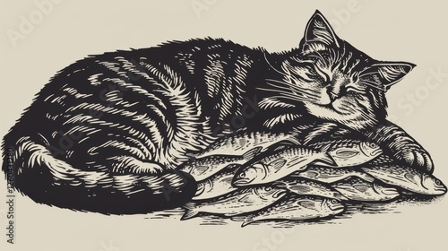 Obraz na płótnie A detailed vintage-style illustration of a striped cat peacefully resting on a pile of fish, evoking nostalgia and classic charm. AI generated. w salonie