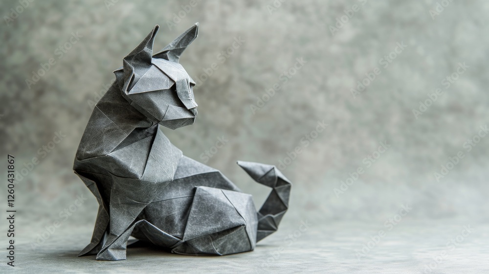 An origami-style geometric sculpture of a sitting cat, designed with sharp folds and a sleek, modern appearance in monochromatic tones. AI generated.