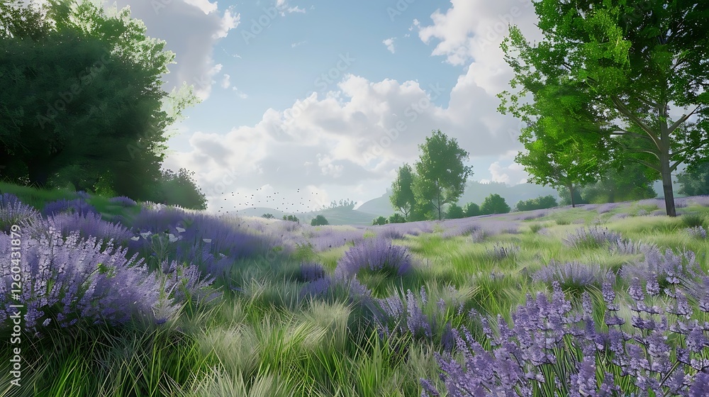 Obraz premium A meadow is a serene, open grassland filled with vibrant wildflowers, lush green grasses, and softly rolling hills. Often bordered by trees, it offers a peaceful retreat for wildlife like butterflies,