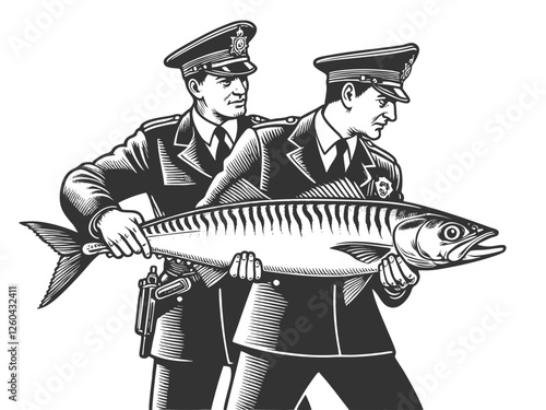 police officers arrested mackerel Fish, blending absurdity, humor, in a surreal composition sketch engraving generative ai vector illustration. Scratch board imitation. Black and white image.