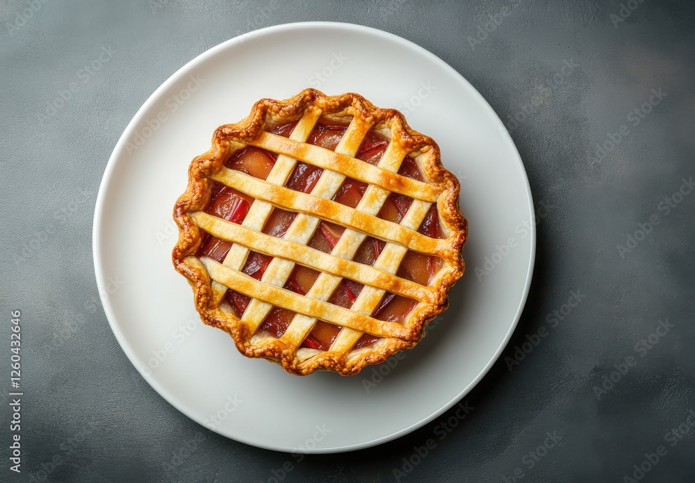 Delicious homemade fruit pie with a golden brown crust and lattice top served on a white plate against a dark gray background appealing to dessert lovers. Delicious homemade fruit pie with a golden brown crust and lattice top served on a white plate against a dark gray background appealing to dessert lovers.