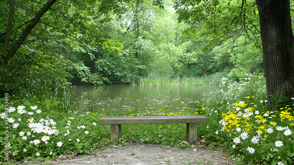 Serene park pond bench, flowers, summer Serene park pond bench, flowers, summer