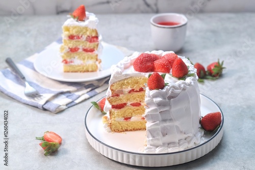 Strawberry cake, vanilla sponge cake with cream and fresh strawberries. Summer cake.
